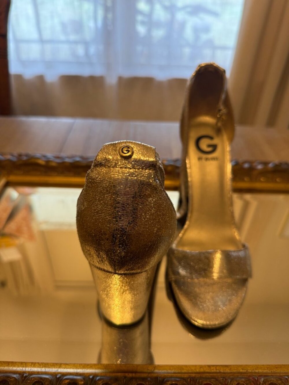G by Guess Gold Metallic Block Heel Ankle Strap Sandals 9.5